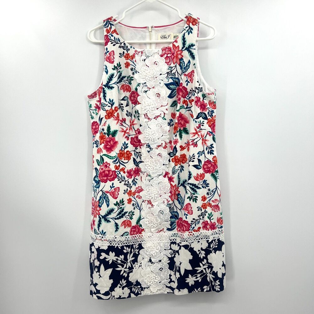 Eliza J Sz 14 Floral Shift Dress White Crochet Lace Applique Sleeveless Cotton